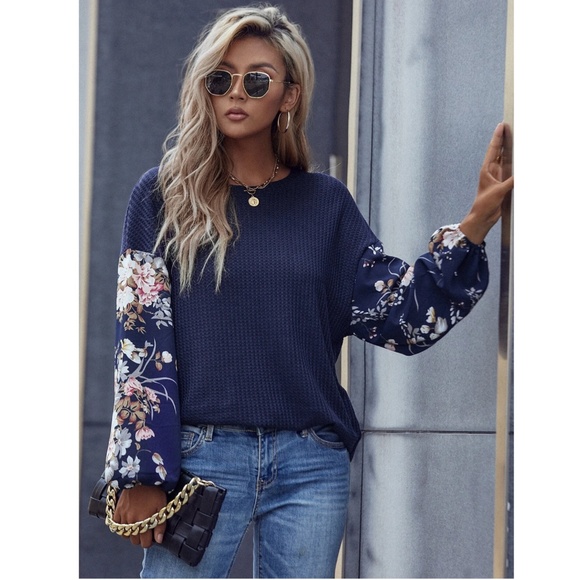 Navy Blue Floral Sleeves Casual Shirt Lantern Long Sleeves - Picture 2 of 8